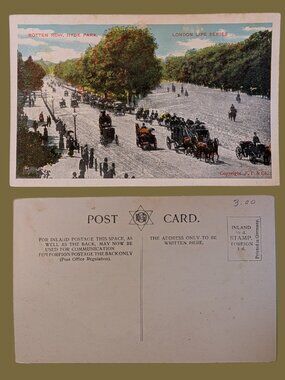10/$25 Vintage Unused Rotten Row, Hyde Park London Life Series Postcard